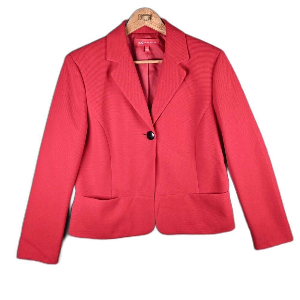 Anne Klein Women Blazer 10 Red Peplum Back One Button Classic Work Jacket Pocket